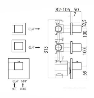 Скрытая часть термостата Bossini Z030203000 на три потребителя